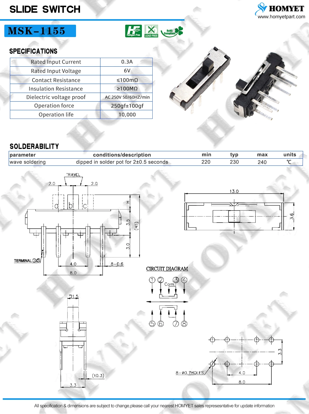 High Quality Msk Series Slide Switches on/off/on Dpdt 2p2t 8 Pin Vertical DIP Slide Switch