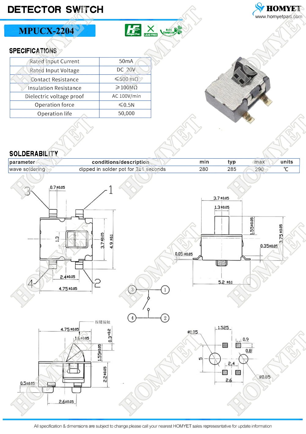 Hot Sales SMT Square Detector Switch Detect Switch (MPUCX2204)